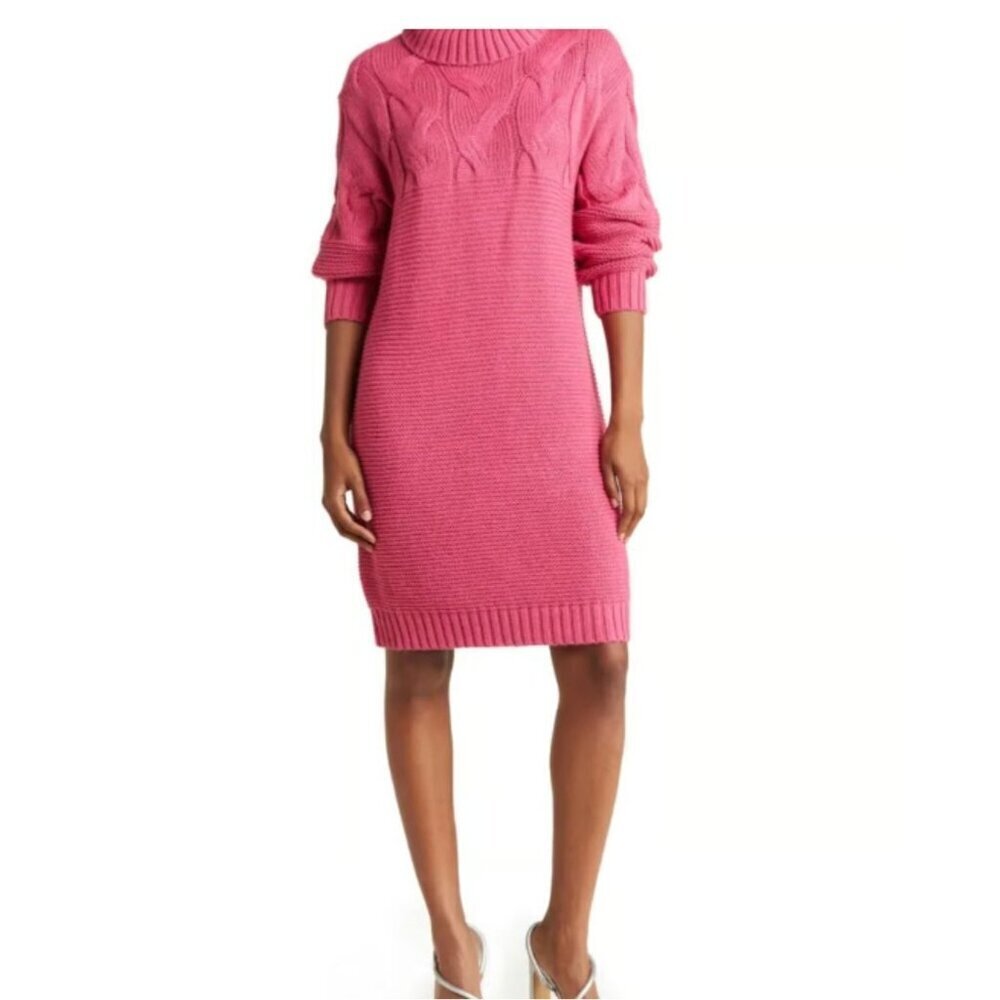 NWT Stitchdrop Turtleneck Cable Knit Sweater Dress Magenta Large